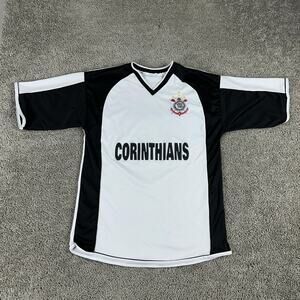 Corinthians Soccer Jersey Shirt Mens Large Black White Football Brazil V-Neck